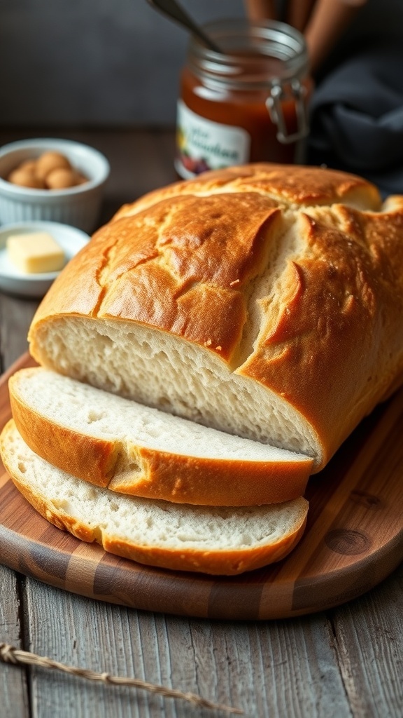 Freshly baked homemade sandwich bread loaf sliced on a wooden board with jam and butter in the background.